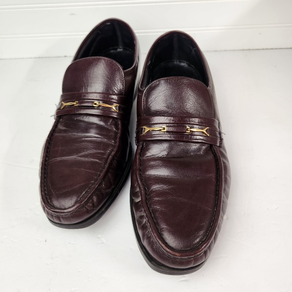 FLORSHEIM SIZE 12 BROWN LEATHER  SLIP ON SIDE GOLD LOGO BUCKLE LOAFER MEN
